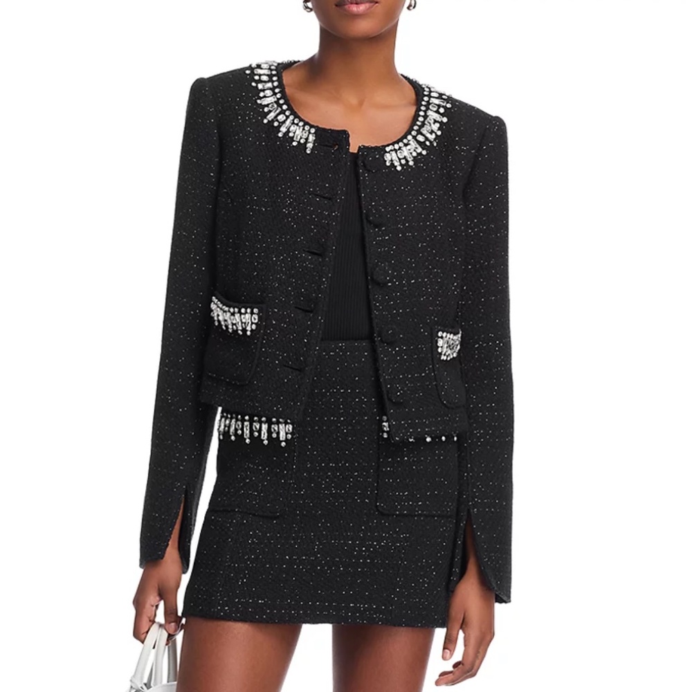 NWT Cinq a Sept Randi Rhinestone Trim Jacket Blazer  - Black Tweed Holiday